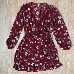 Faux Wrap Dress | Red Floral | Size Medium